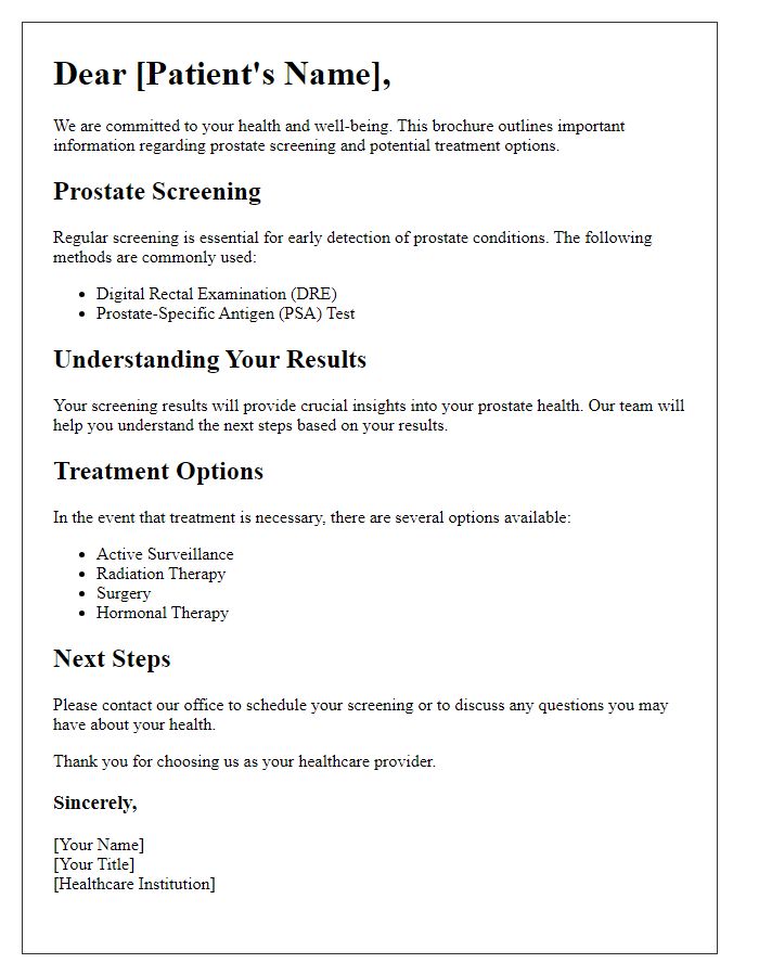 Letter template of prostate screening and treatment options brochure