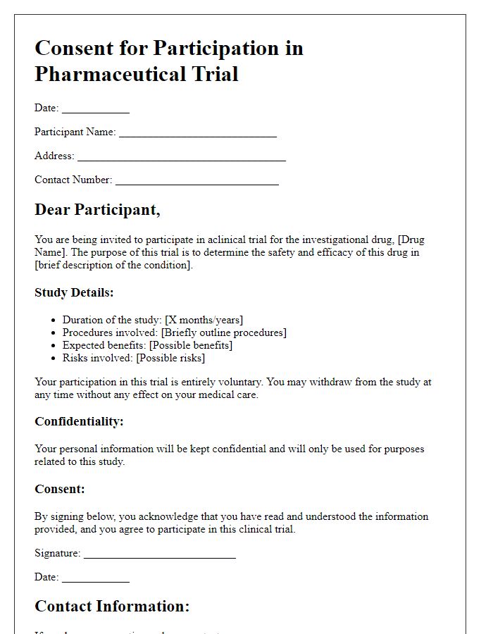 Letter template of consent for pharmaceutical trial involvement