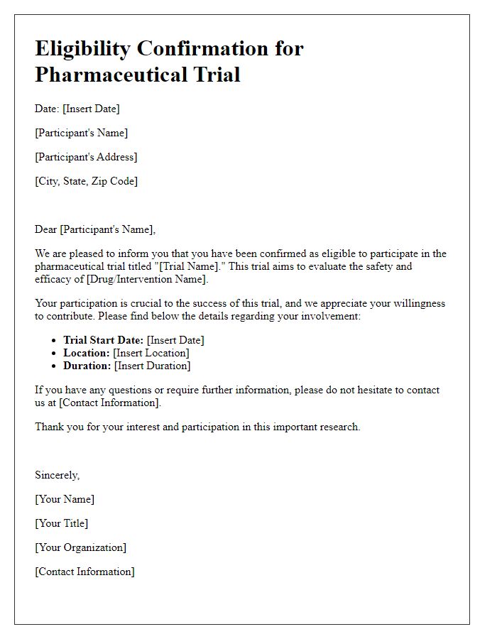 Letter template of eligibility confirmation for pharmaceutical trial