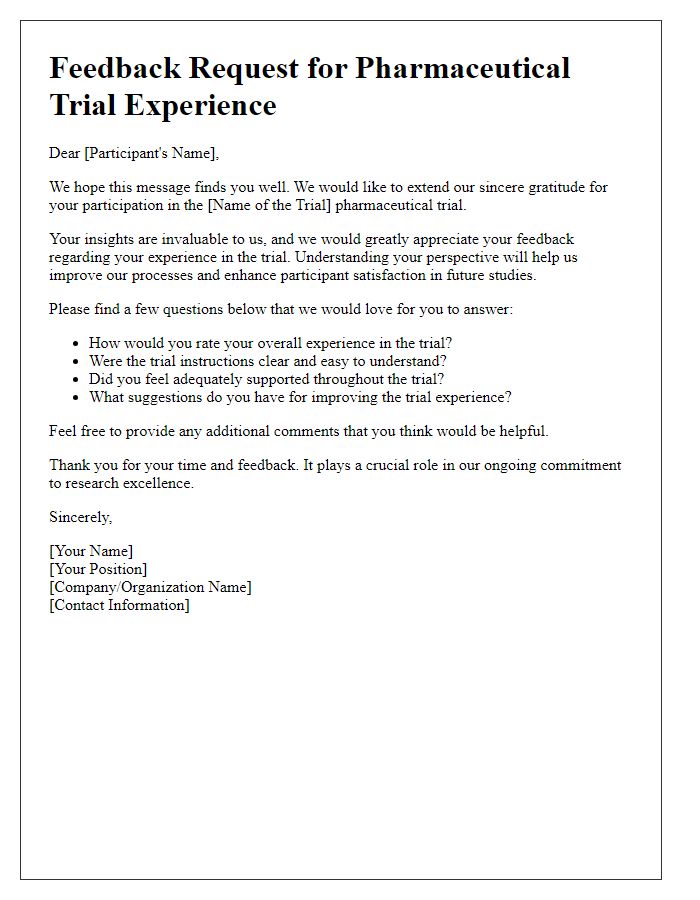 Letter template of feedback request for pharmaceutical trial experience