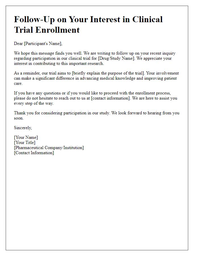 Letter template of follow-up for pharmaceutical trial enrollment