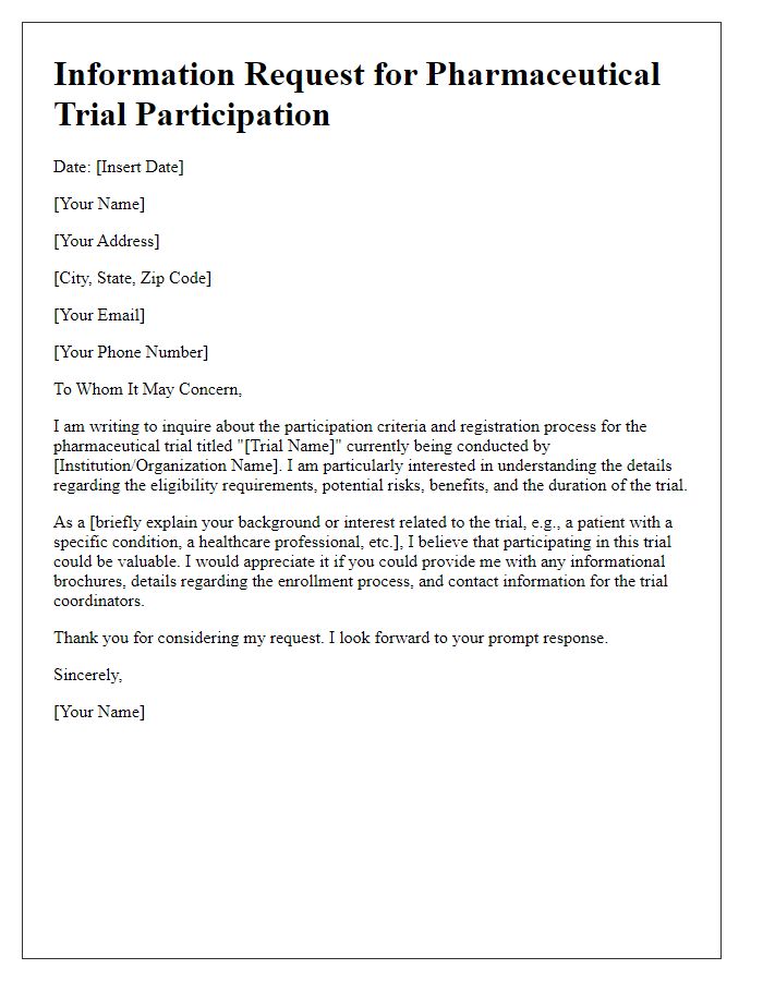 Letter template of information request for pharmaceutical trial participation