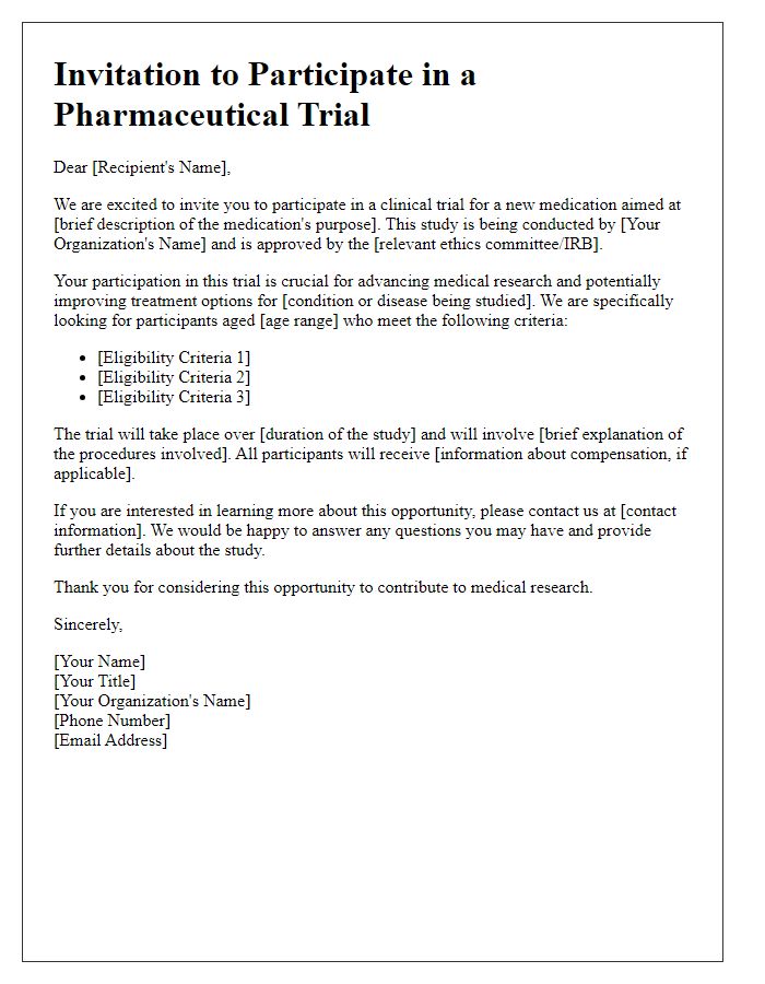 Letter template of invitation for pharmaceutical trial participation