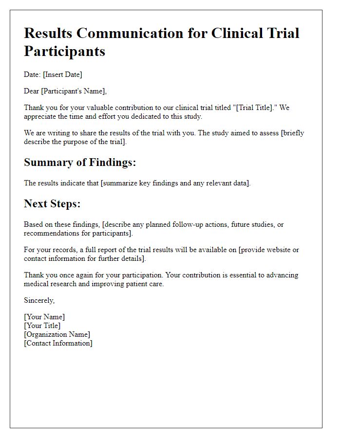 Letter template of results communication for pharmaceutical trial participants