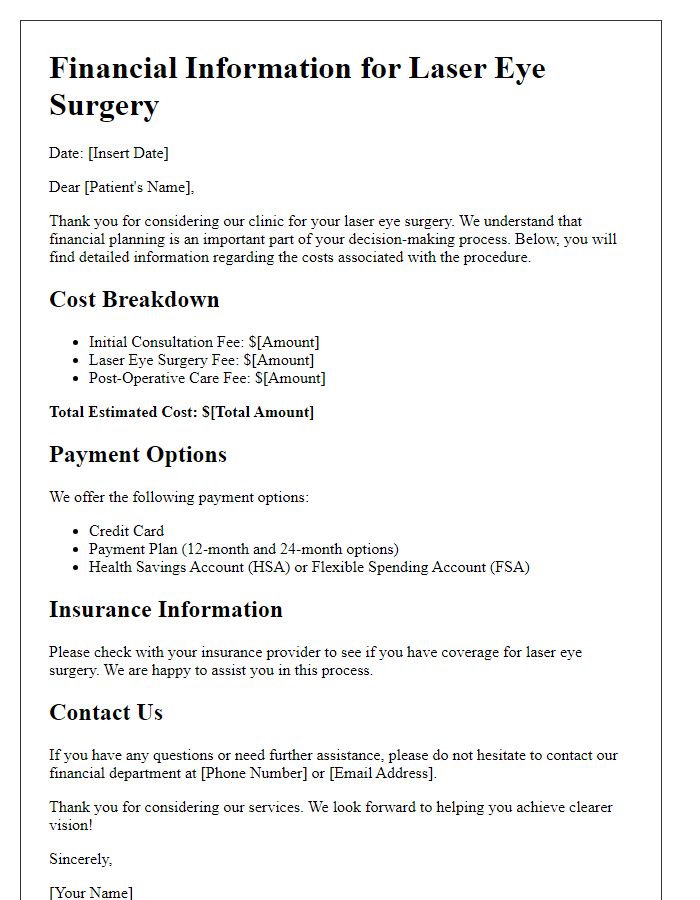 Letter template of financial information for laser eye surgery