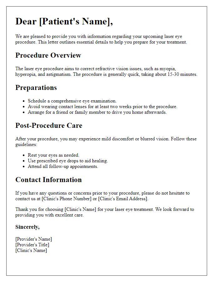 Letter template of laser eye procedure information for patients