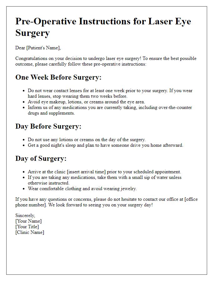 Letter template of laser eye surgery pre-operative instructions