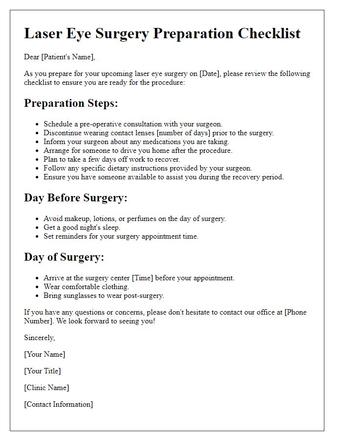 Letter template of laser eye surgery preparation checklist