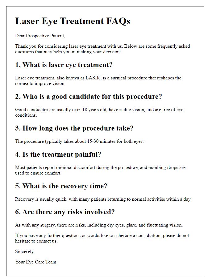 Letter template of laser eye treatment FAQs for prospective patients