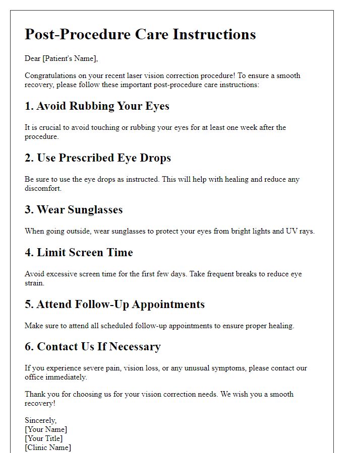 Letter template of laser vision correction post-procedure care