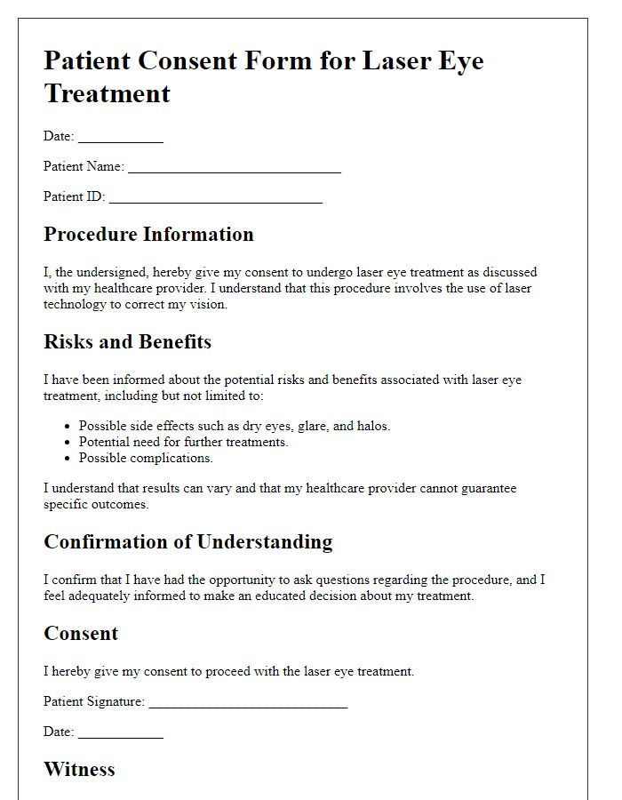 Letter template of patient consent for laser eye treatment