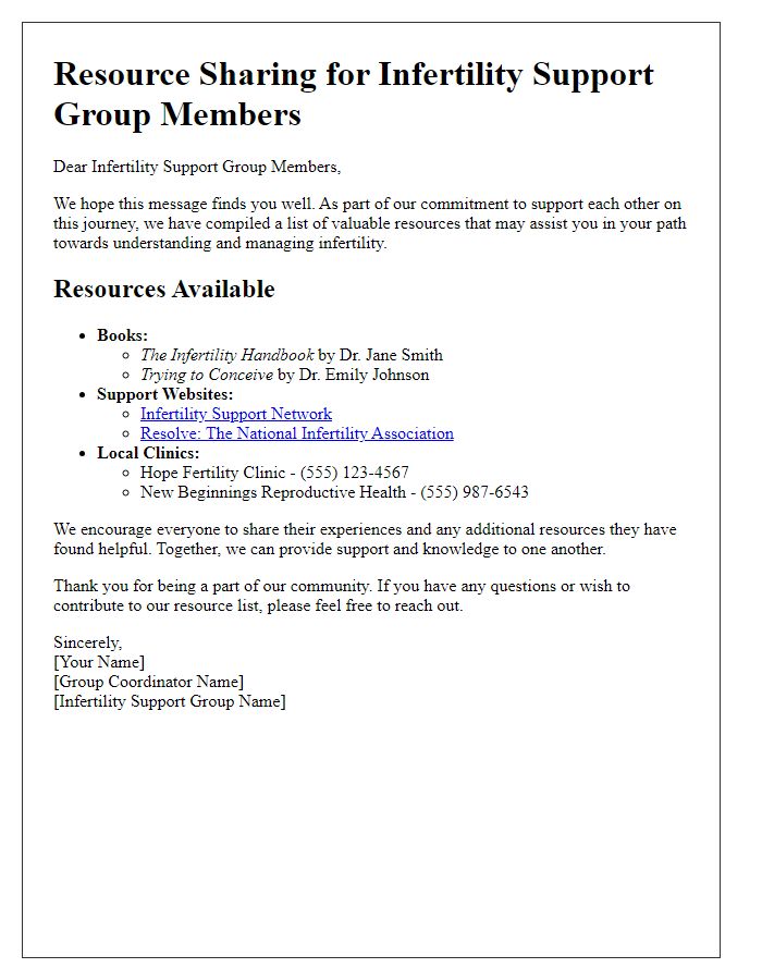 Letter template of Resource Sharing for Infertility Support Group Members