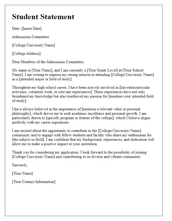 Letter template of student statement for college selection