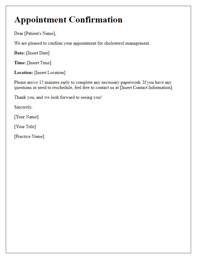 Letter template of appointment confirmation for cholesterol management.