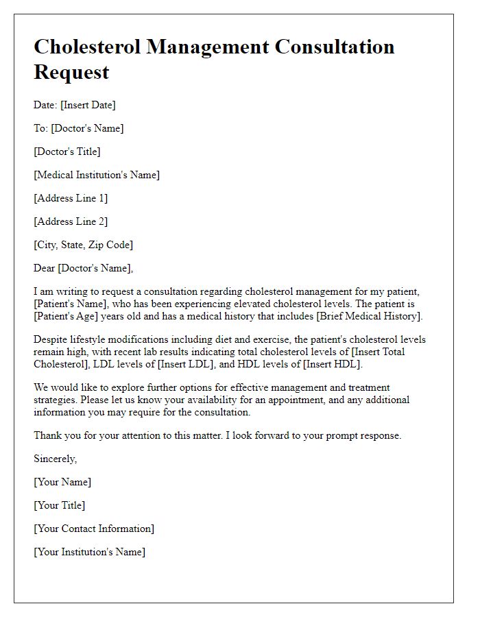 Letter template of cholesterol management consultation request.