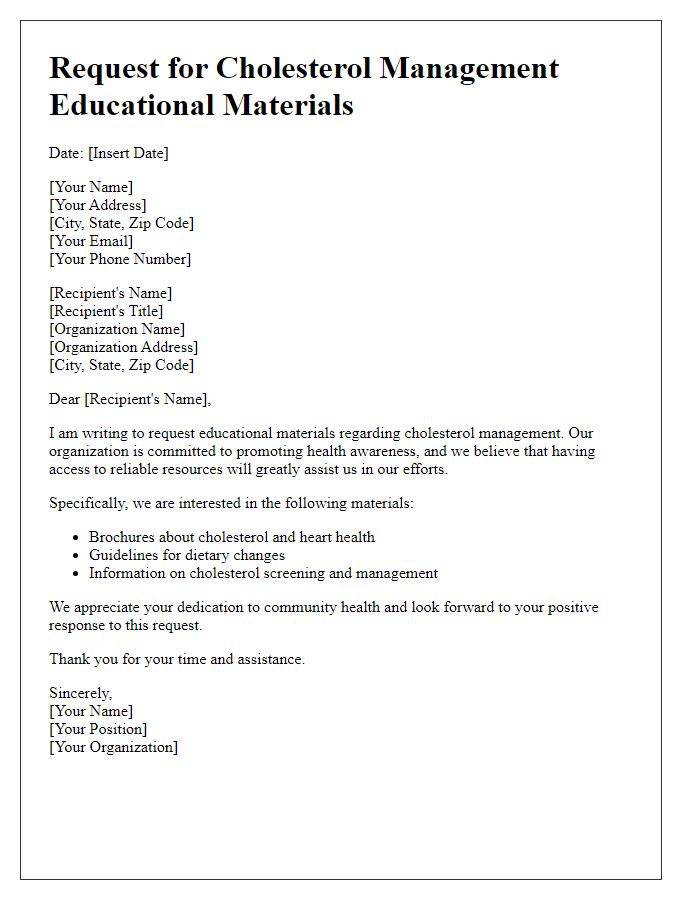 Letter template of cholesterol management educational materials request.