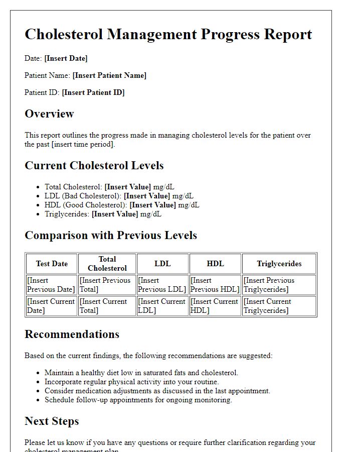 Letter template of cholesterol management progress report.