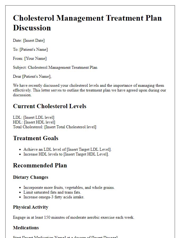 Letter template of cholesterol management treatment plan discussion.