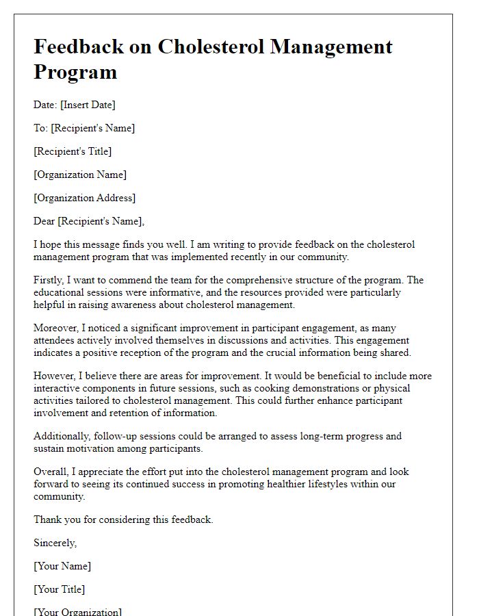 Letter template of feedback on cholesterol management program.