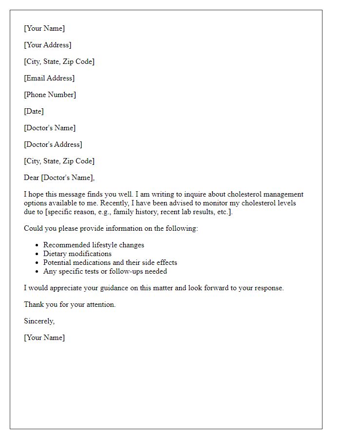 Letter template of inquiry regarding cholesterol management options.