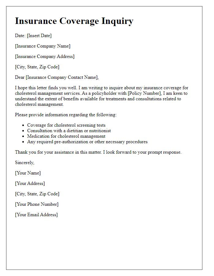 Letter template of insurance coverage inquiry for cholesterol management services.