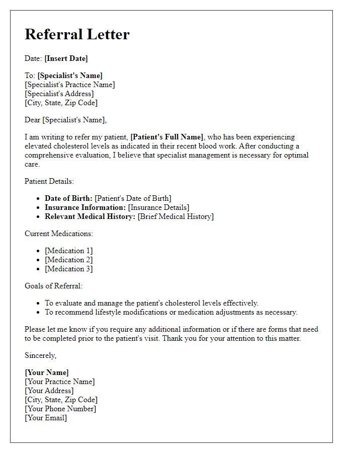 Letter template of referral for cholesterol management specialist.