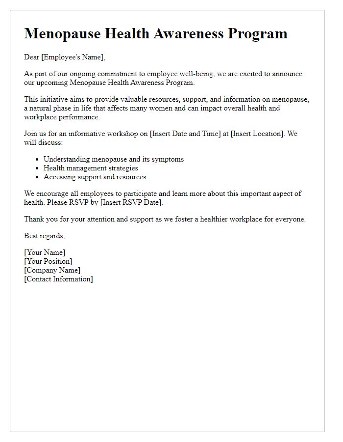 Letter template of menopause health awareness for corporate wellness programs.