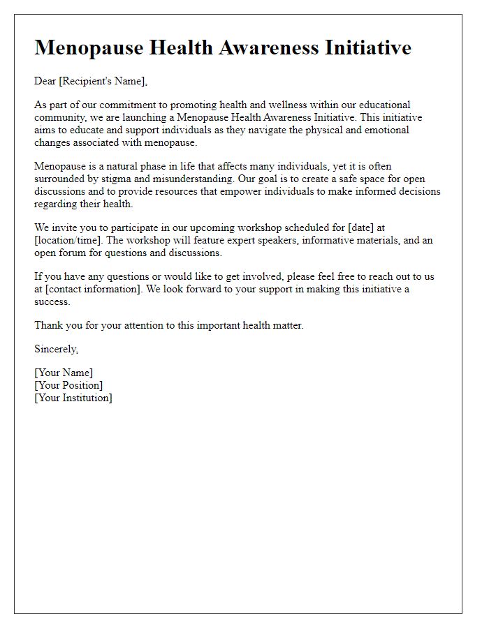 Letter template of menopause health awareness for educational institutions.