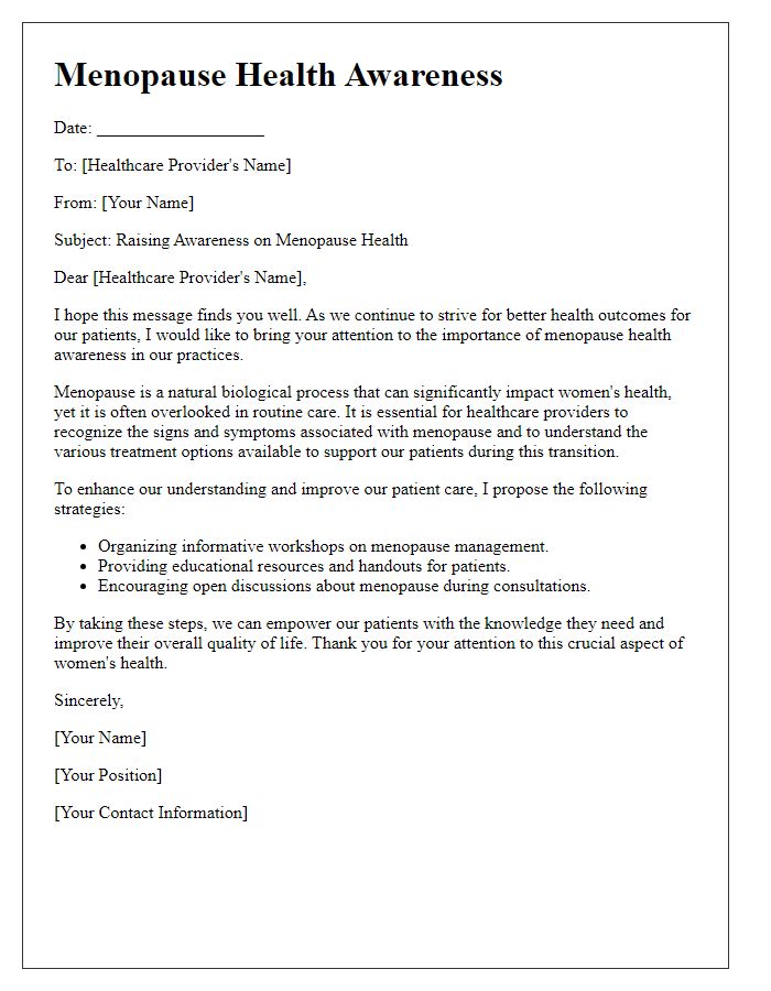 Letter template of menopause health awareness for healthcare providers.