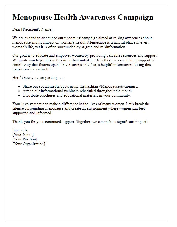 Letter template of menopause health awareness for online campaigns.