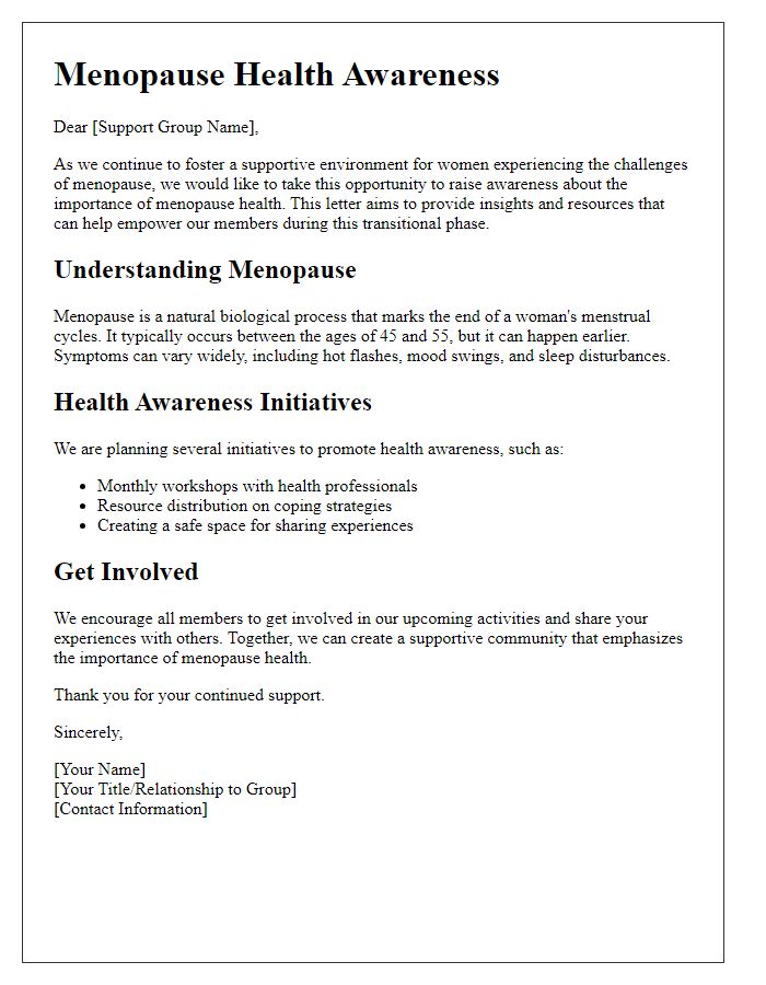 Letter template of menopause health awareness for support groups.