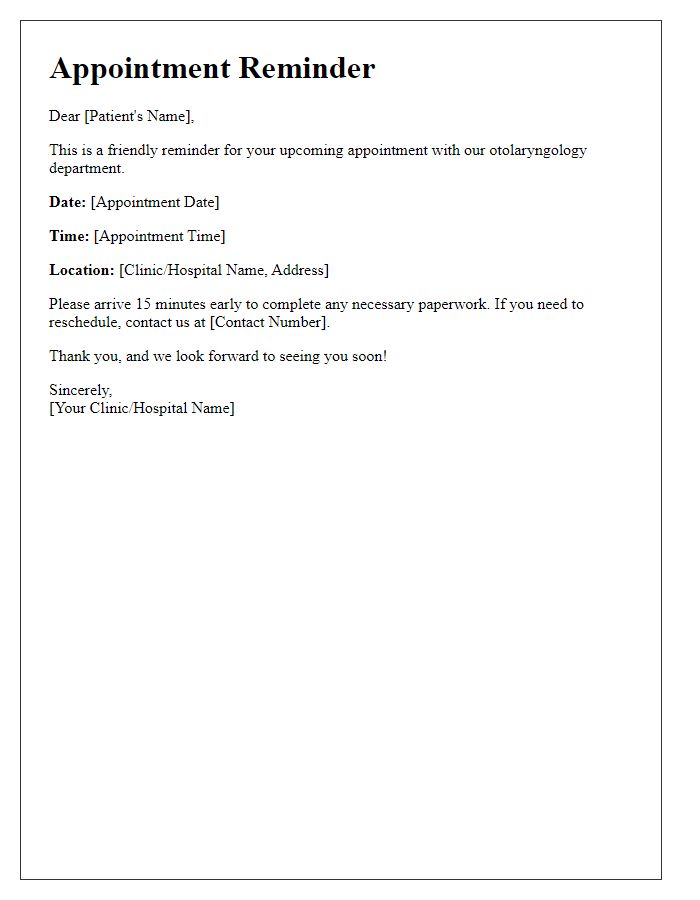 Letter template of otolaryngology appointment reminder for adults.