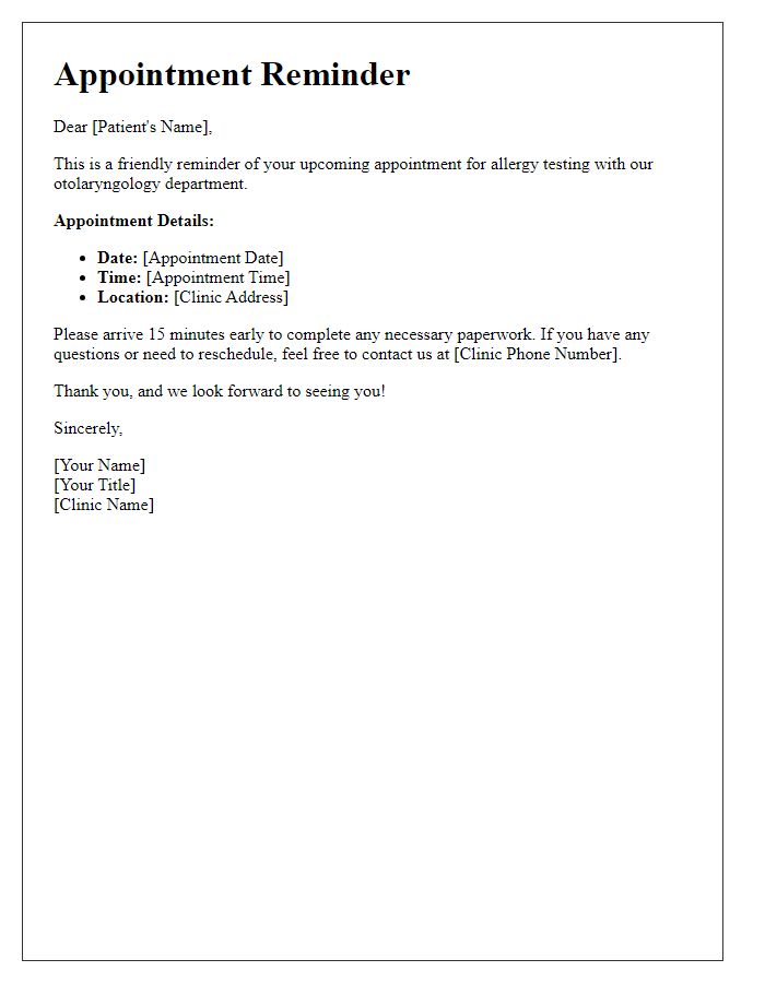 Letter template of otolaryngology appointment reminder for allergy testing.