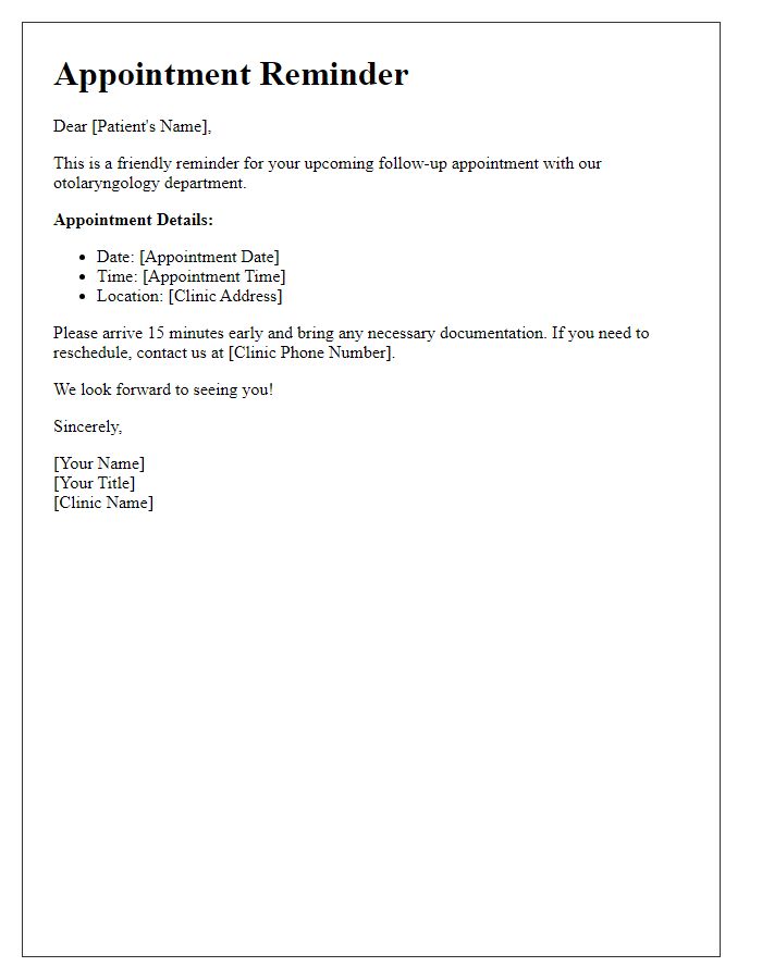 Letter template of otolaryngology appointment reminder for follow-up visits.