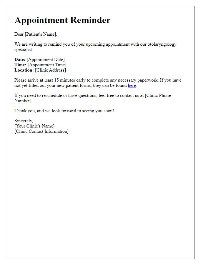 Letter template of otolaryngology appointment reminder for new patients.