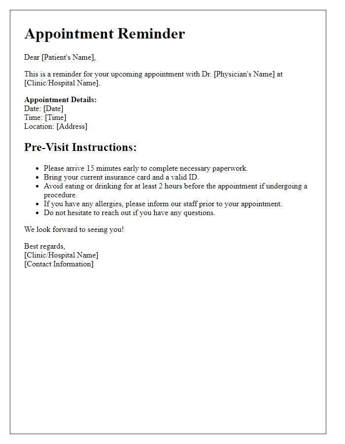 Letter template of otolaryngology appointment reminder with pre-visit instructions.