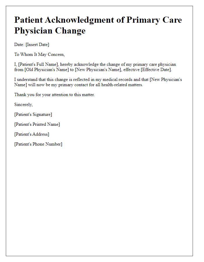 Letter template of acknowledgment of primary care physician change