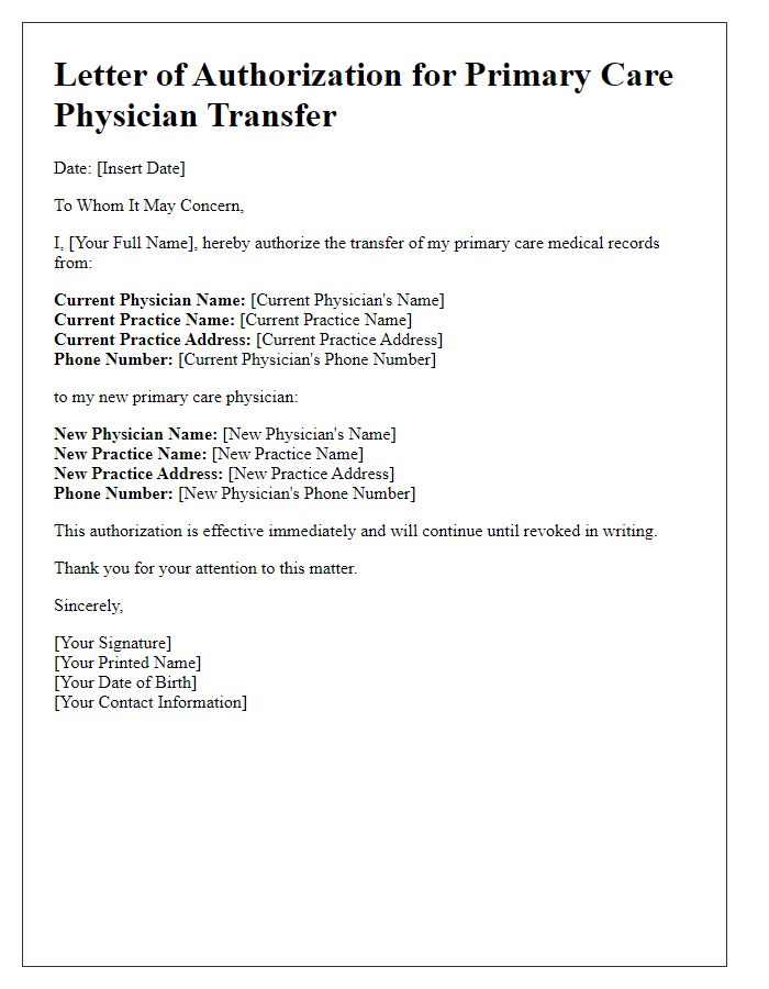 Letter template of authorization for primary care physician transfer