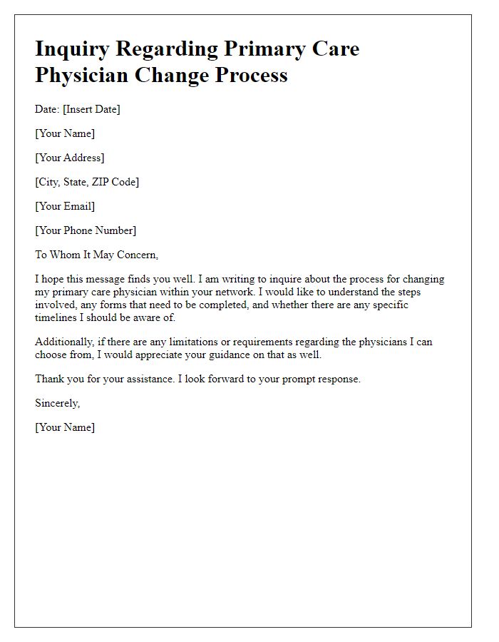 Letter template of inquiry regarding primary care physician change process