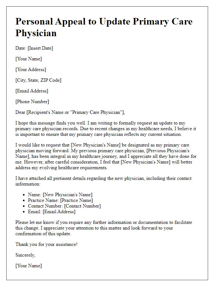 Letter template of personal appeal to update primary care physician