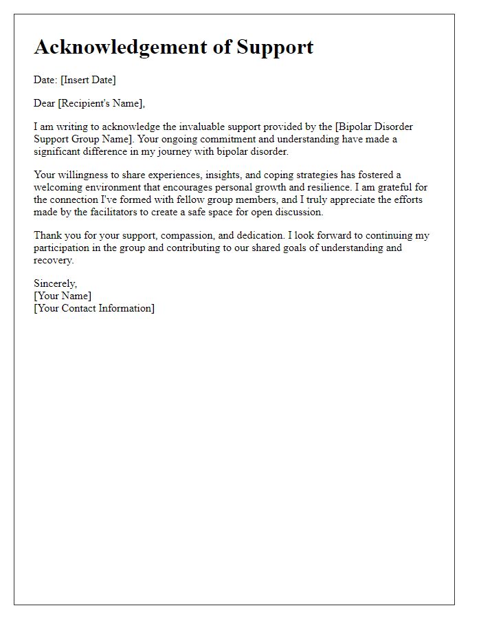 Letter template of acknowledgement for bipolar disorder support group