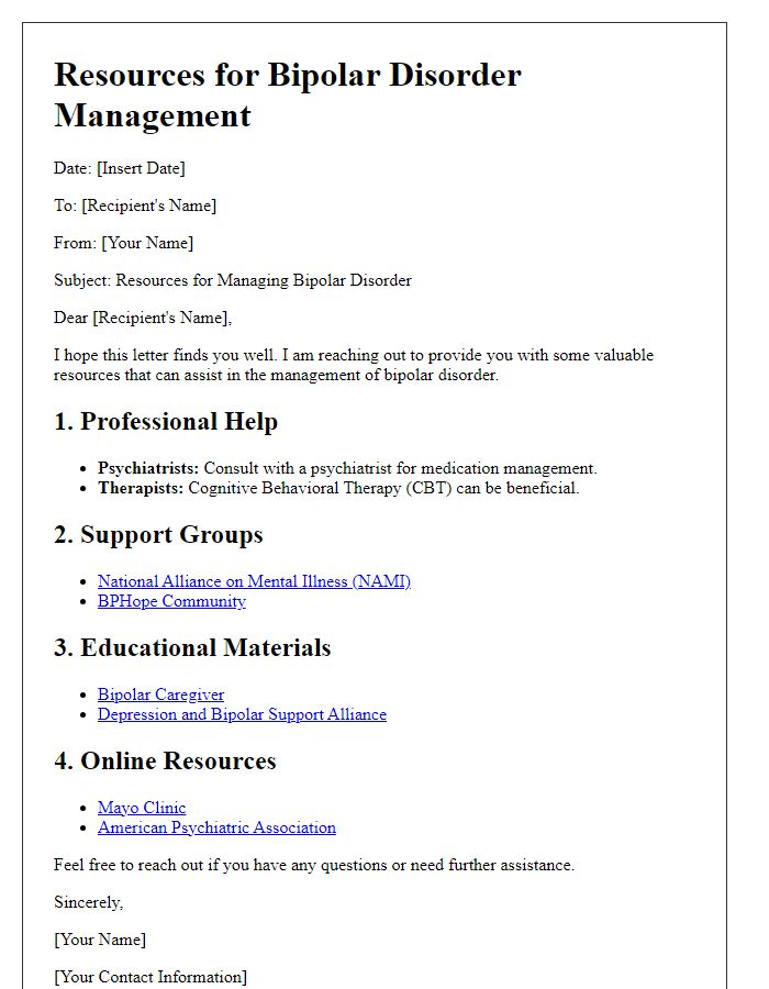 Letter template of resources for bipolar disorder management