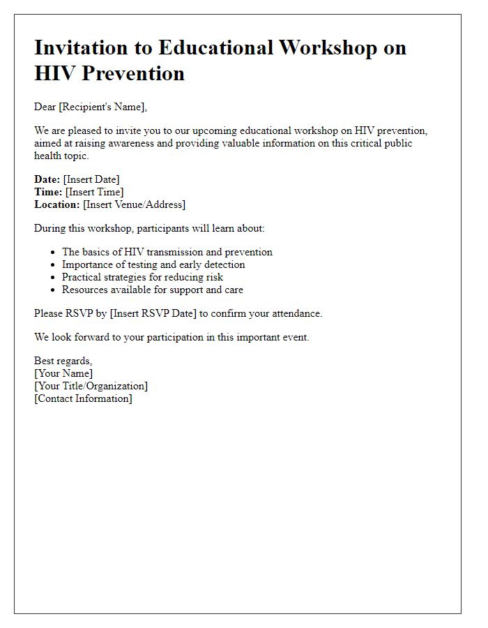 Letter template of educational workshop on HIV prevention