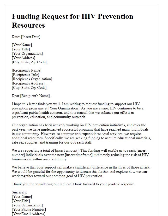 Letter template of funding request for HIV prevention resources