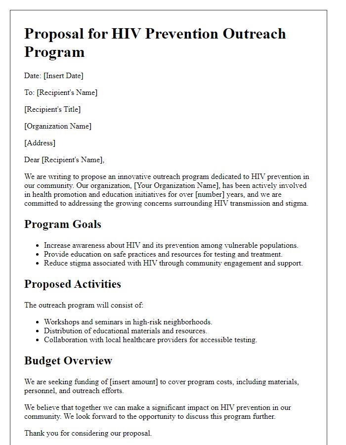 Letter template of HIV prevention outreach program proposal