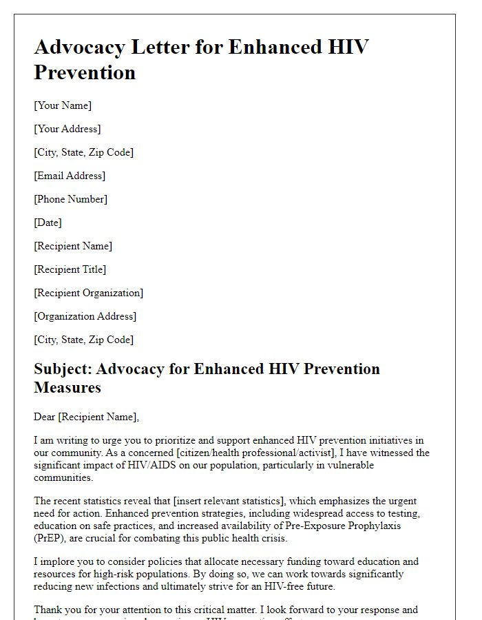 Letter template of policy advocacy for enhanced HIV prevention