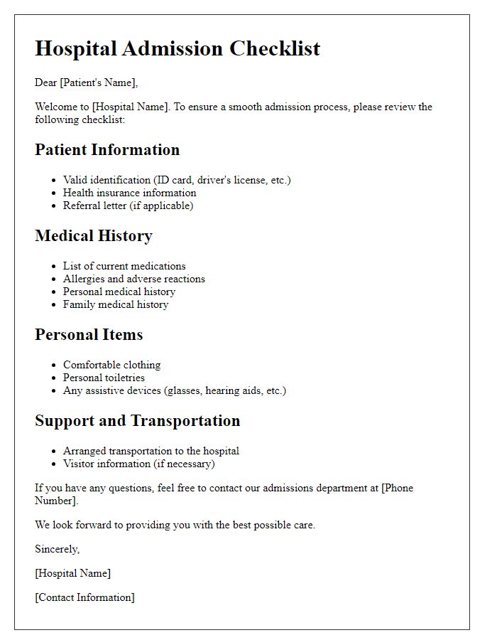 Letter template of hospital admission checklist for patients.