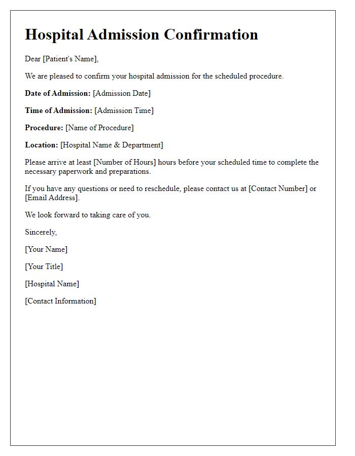 Letter template of hospital admission confirmation for scheduled procedures.