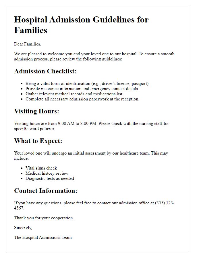 Letter template of hospital admission guidelines for families.