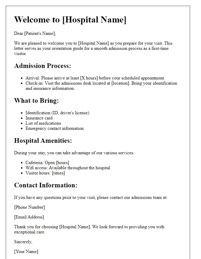 Letter template of hospital admission orientation for first-time visitors.